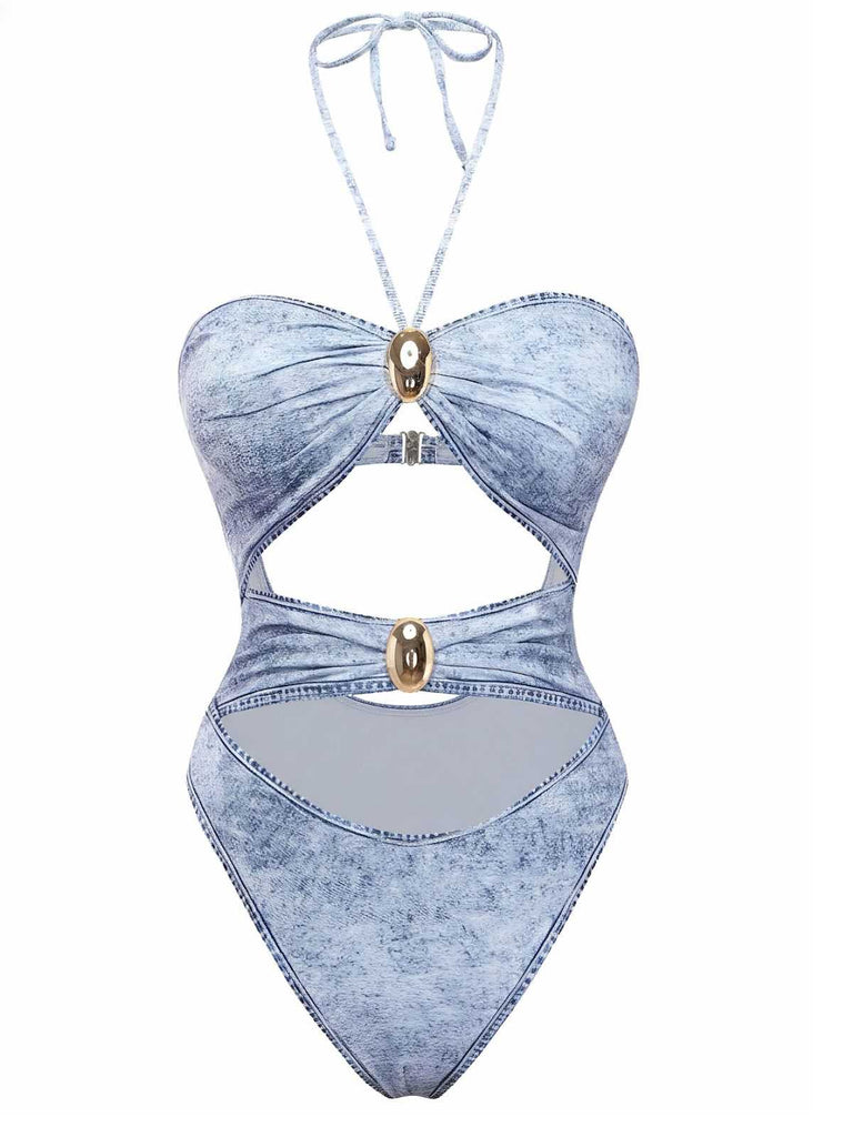 Y2K Denim Print Halter Cut-Out One-Piece Swimsuit - vintage swimsuit, pin-up style