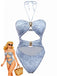 Y2K Denim Print Halter Cut-Out One-Piece Swimsuit - vintage swimsuit, pin-up swimwear for vintage lovers
