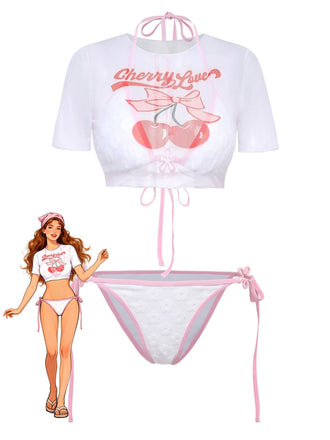 Y2K Halter Textured Floral Bikini Set & Cherry Love Crop Cover-up - vintage fashion, retro style, elegant red