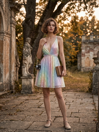 Y2K Rainbow Sequins Deep V-Neck Backless Dress, vintage dress, retro fashion - perfect for women who love vintage and retro fashion