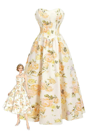 Yellow 1930s Floral Strapless Maxi Dress, vintage dress, retro fashion, floral print - perfect for women who love vintage and retro fashion