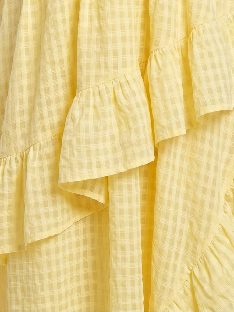 Yellow 1930s Gingham Spaghetti Strap Backless Ruffled Midi Dress - vintage dress, retro fashion for vintage lovers
