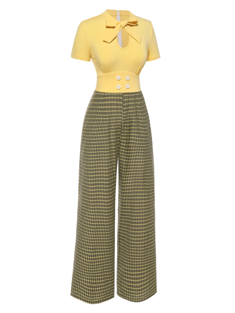 Yellow 1930s Plaid Keyhole Tie Neck Jumpsuit — 1930s style that transcends decades