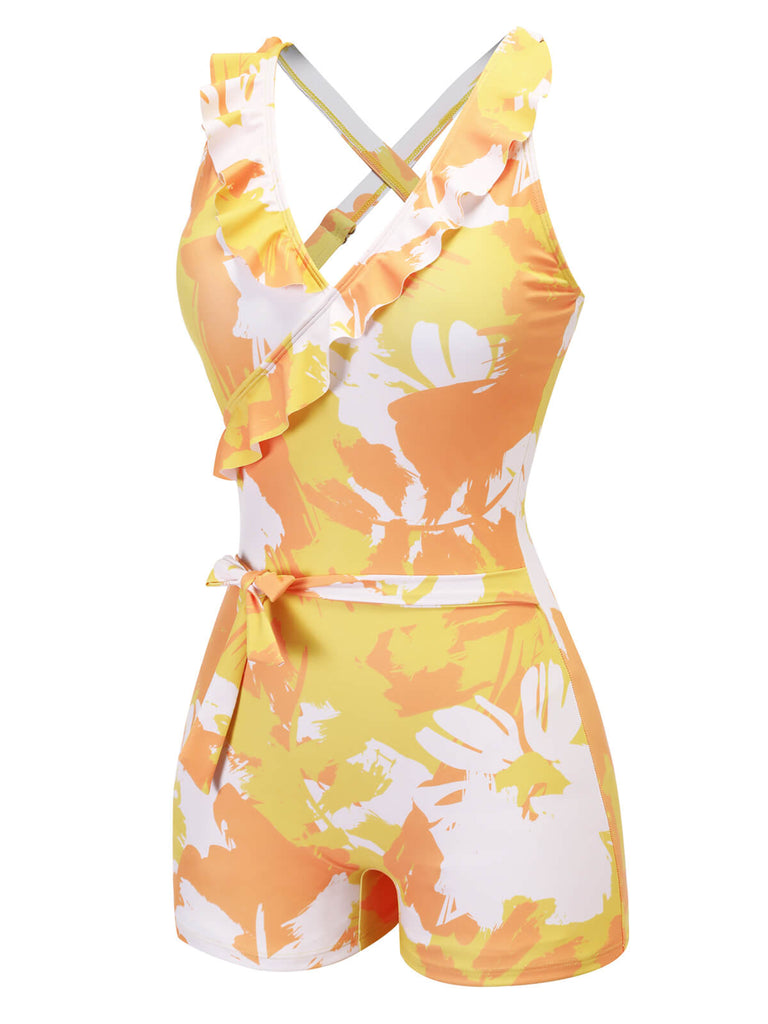 Yellow 1940s Painting Plants Lace-Up Swimsuit, vintage swimsuit, pin-up swimwear - perfect for women who love vintage and retro fashion