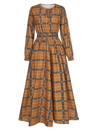 She slips into this Yellow 1940s Plaid Smocked Lace-Up Dress and suddenly it's a 1940s daydream