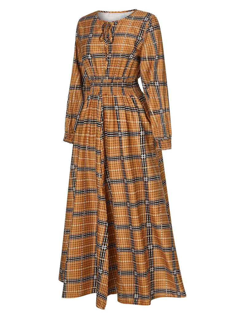 [Pre-Sale] Yellow 1940s Plaid Smocked Lace-Up Dress, vintage dress, retro fashion, lace detail - perfect for women who love vintage and retro fashion
