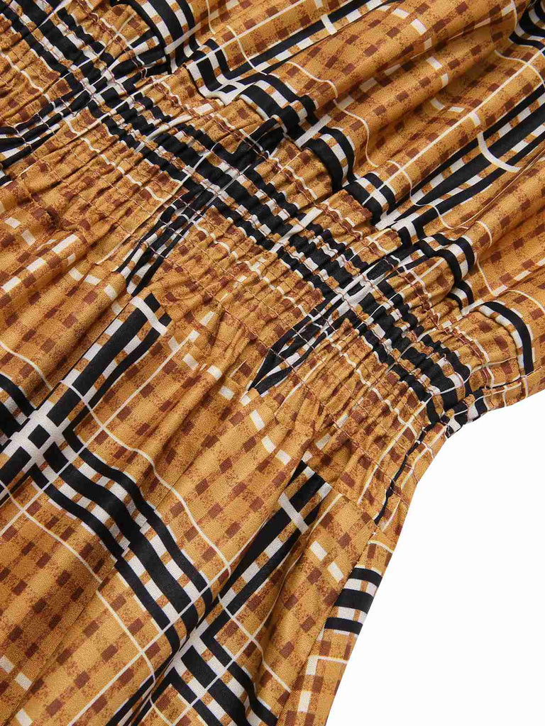 [Pre-Sale] Yellow 1940s Plaid Smocked Lace-Up Dress, vintage dress, retro fashion, lace detail - perfect for women who love vintage and retro fashion