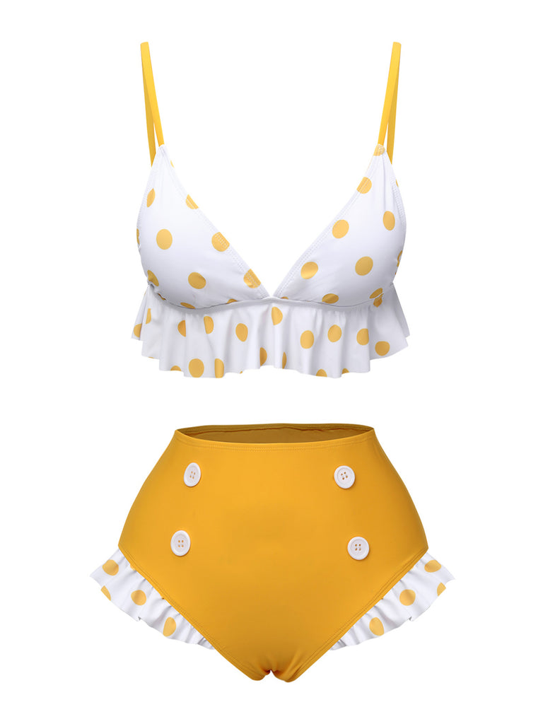 Yellow 1940s Polka Dot Ruffle Swimsuit, vintage swimsuit, pin-up swimwear - perfect for women who love vintage and retro fashion
