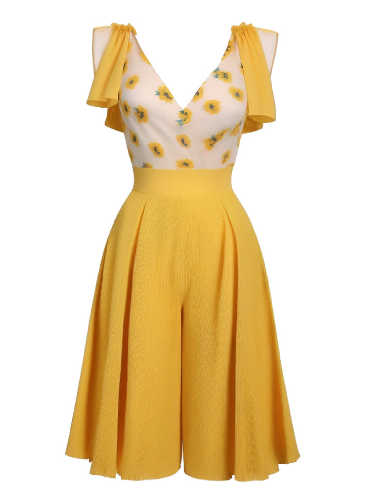 Yellow 1940s V-Neck Sunflower Patchwork Jumpsuit — vintage elegance for the modern woman