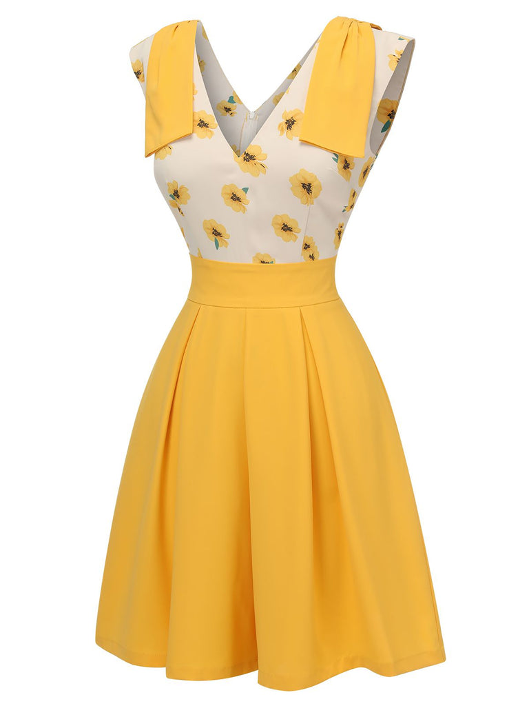 Yellow 1940s V-Neck Sunflower Patchwork Jumpsuit: timeless style reimagined