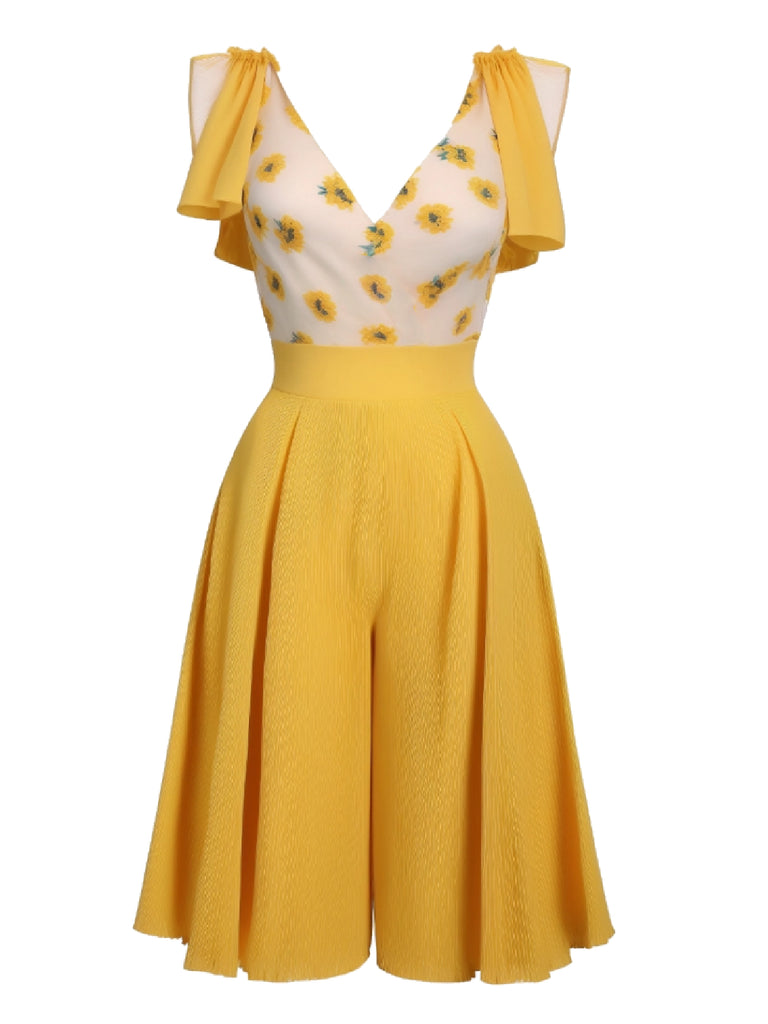Yellow 1940s V-Neck Sunflower Patchwork Jumpsuit: timeless style reimagined