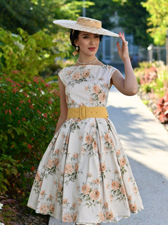 Yellow 1950s Boat Neck Antique Floral Dress - vintage dress, retro fashion, rockabilly
