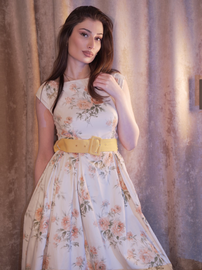 Yellow 1950s Boat Neck Antique Floral Dress - vintage dress, retro fashion, rockabilly