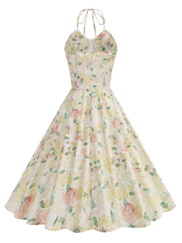 [Pre-Sale] Yellow 1950s Cotton Halter Floral Print Dress, vintage dress, retro fashion, rockabilly, pin-up fashion - perfect for women who love vintage and retro fashion