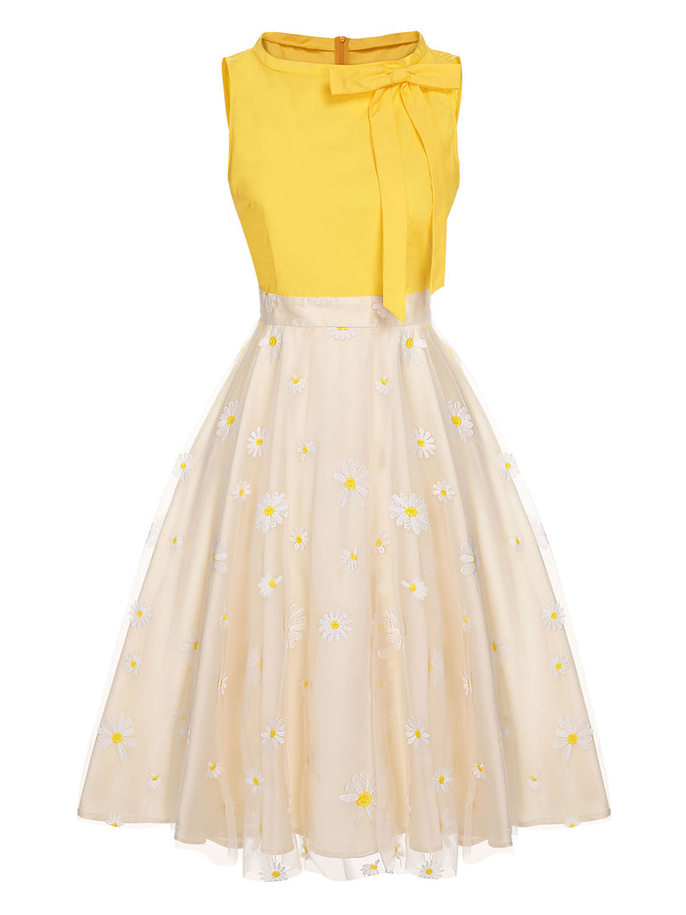 Yellow 1950s Daisy Bowtie Patchwork Dress, vintage dress, retro fashion, rockabilly, pin-up fashion - perfect for women who love vintage and retro fashion