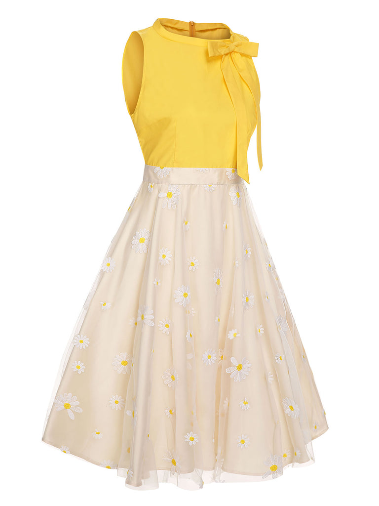 Yellow 1950s Daisy Bowtie Patchwork Dress, vintage dress, retro fashion, rockabilly, pin-up fashion - perfect for women who love vintage and retro fashion