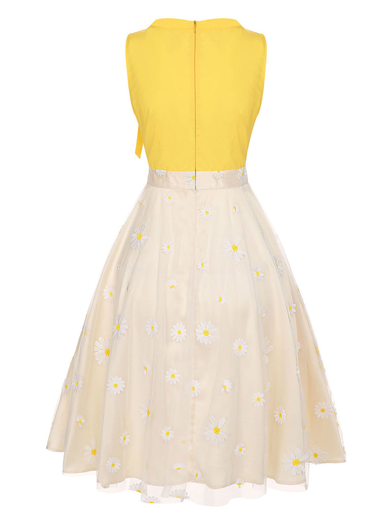 Yellow 1950s Daisy Bowtie Patchwork Dress, vintage dress, retro fashion, rockabilly, pin-up fashion - perfect for women who love vintage and retro fashion