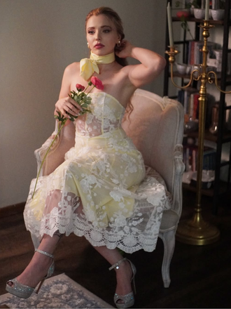 Yellow 1950s Floral Embroidery Lace Sheer Strapless Dress, vintage dress, retro fashion, rockabilly, pin-up fashion - perfect for women who love vintage and retro fashion