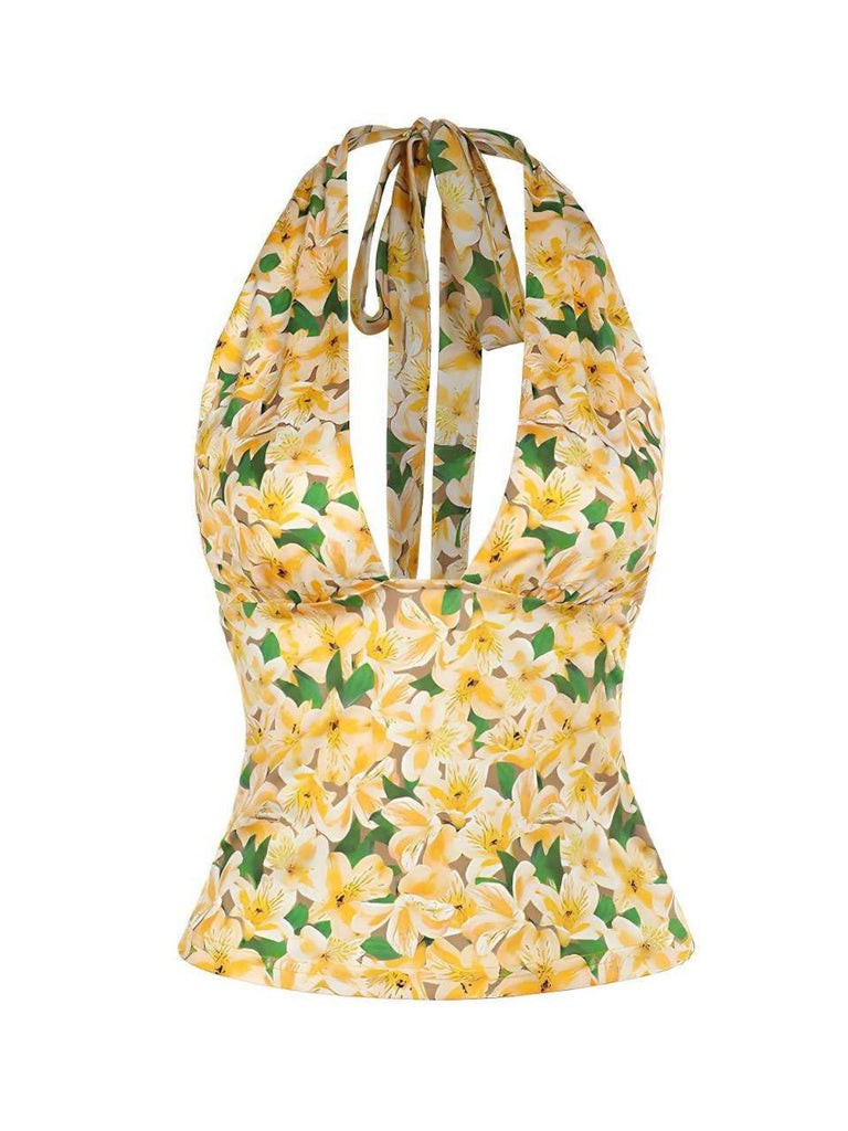 Yellow 1950s Halter Deep V-Neck Lily Top - vintage fashion, retro style
