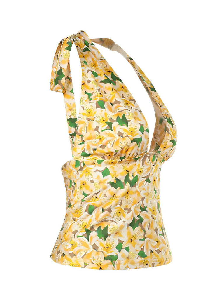 Yellow 1950s Halter Deep V-Neck Lily Top - vintage fashion, retro style