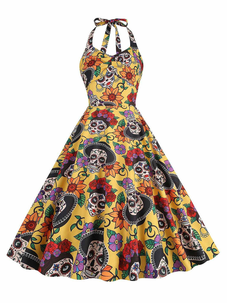 She slips into this Yellow 1950s Hippie Skull Bow Halter Swing Dress and suddenly it's a 1950s daydream
