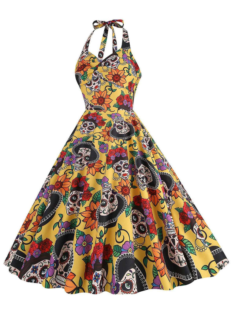 Yellow 1950s Hippie Skull Bow Halter Swing Dress: where 1950s romance meets her modern spirit