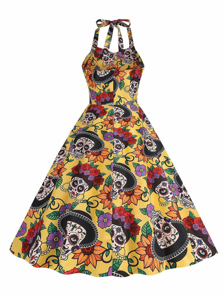 This Yellow 1950s Hippie Skull Bow Halter Swing Dress wraps her in 1950s elegance, one twirl at a time