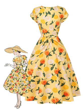 She slips into this Yellow 1950s Hydrangea Floral Ruched Dress and suddenly it's a 1950s daydream