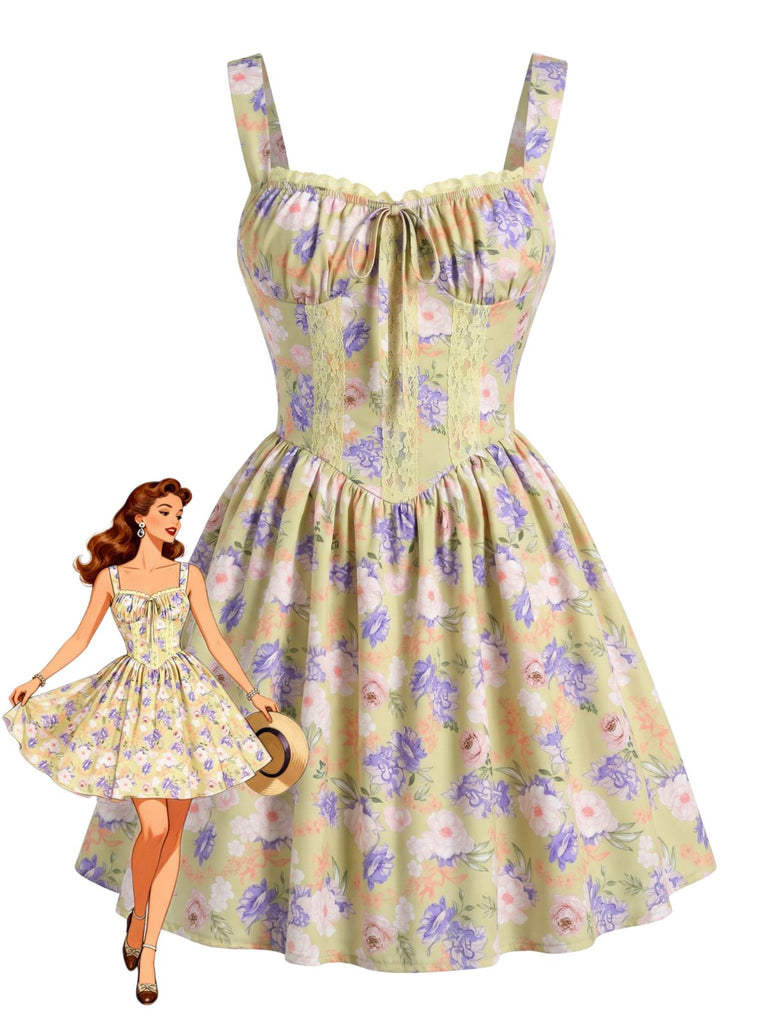 Yellow 1950s Lace Fitted Spaghetti Strap Patchwork Dress