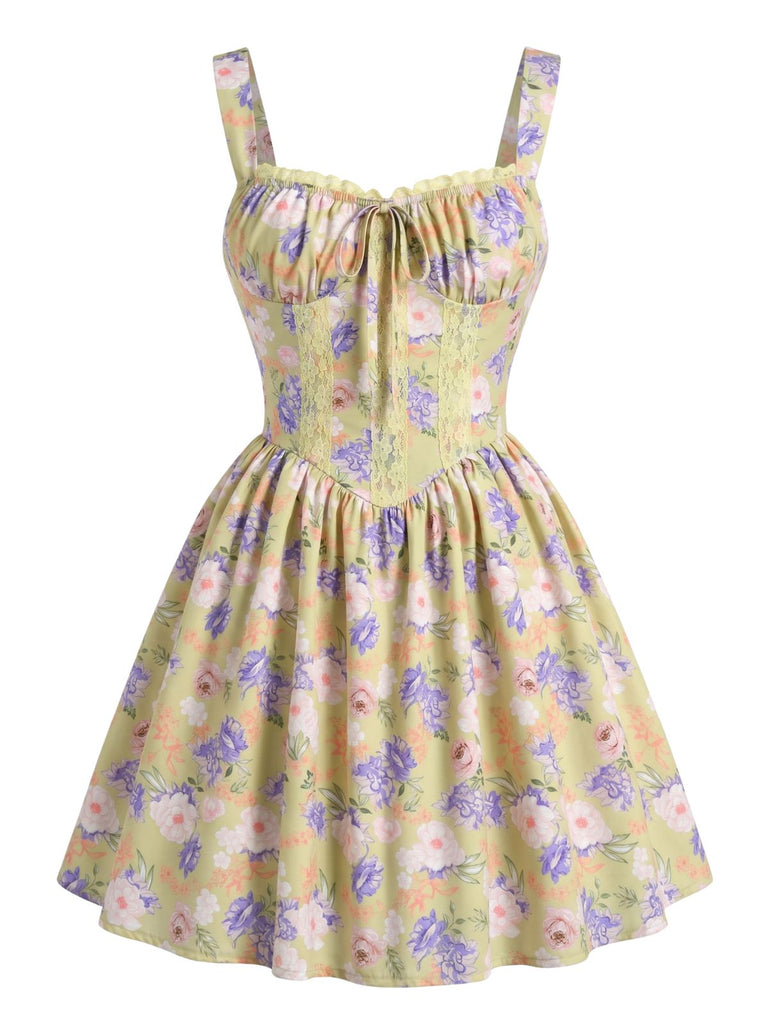 Yellow 1950s Lace Fitted Spaghetti Strap Patchwork Dress 2
