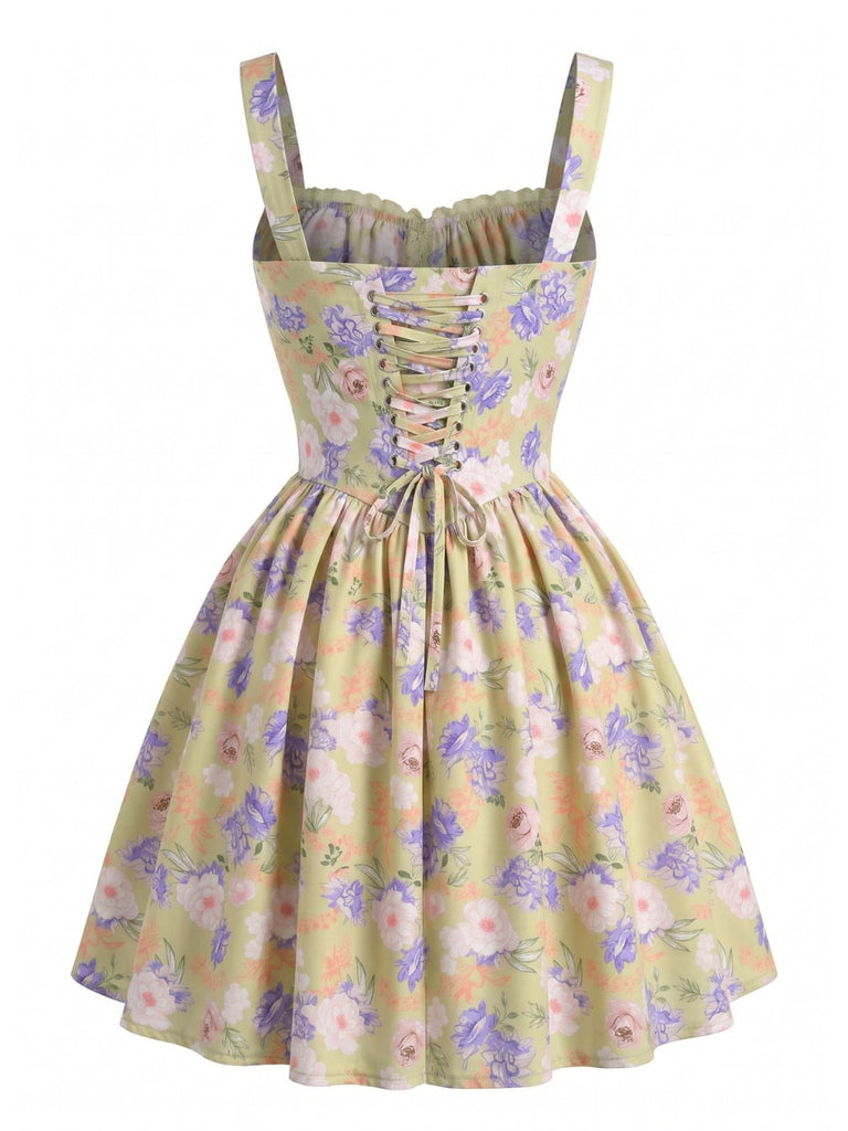Yellow 1950s Lace Fitted Spaghetti Strap Patchwork Dress 3