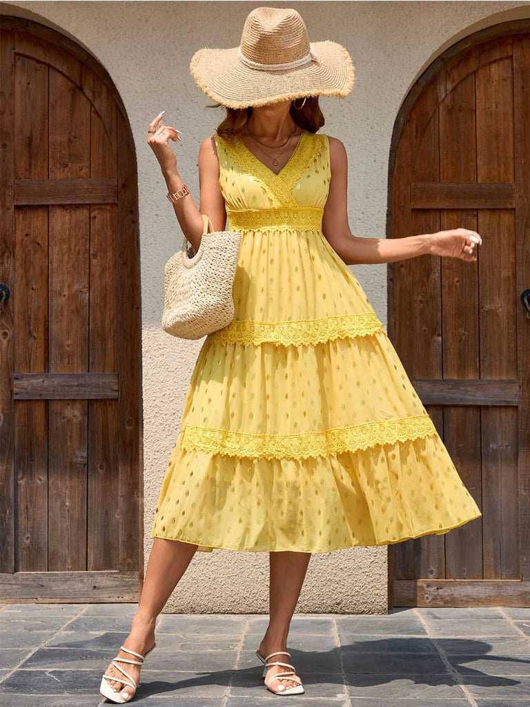 Yellow 1950s Lace Patchwork Polka Dots Dress — the kind of 1950s dress that makes strangers smile