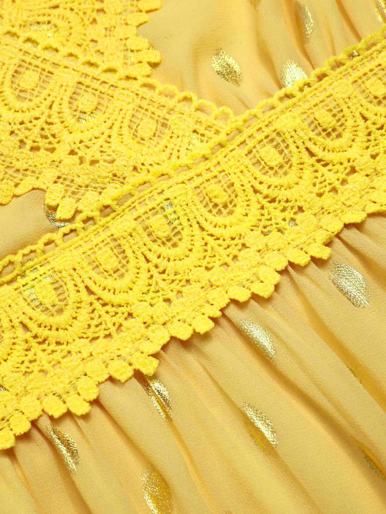 Yellow 1950s Lace Patchwork Polka Dots Dress — a 1950s silhouette that turns sidewalks into runways