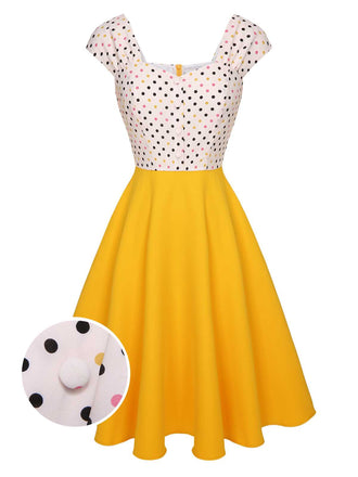 She slips into this Yellow 1950s Polka Dots Button Dress and suddenly it's a 1950s daydream