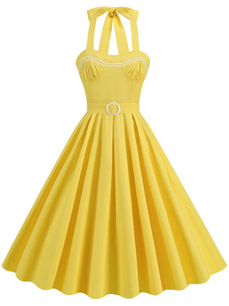 Yellow 1950s Solid Halter Belted Dress, vintage dress, retro fashion, rockabilly, pin-up fashion - perfect for women who love vintage and retro fashion