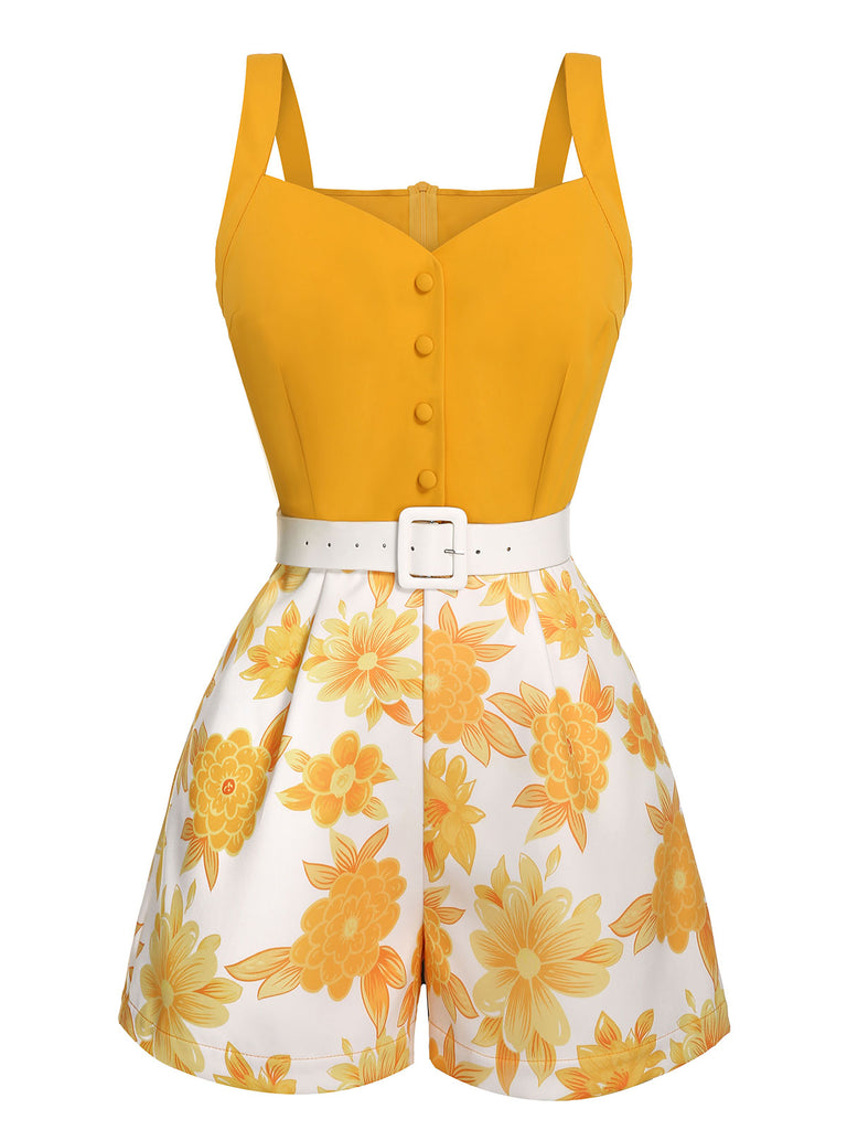 Yellow 1950s Spaghetti Strap Floral Romper, vintage romper, retro jumpsuit - perfect for women who love vintage and retro fashion