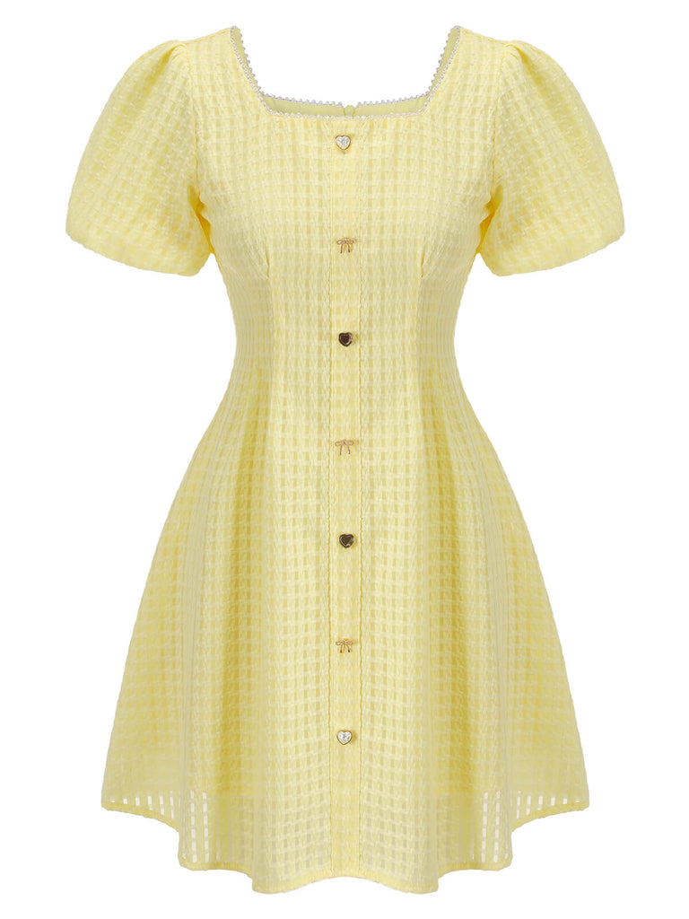 Yellow 1950s Square Neck Buttons Mini Dress, vintage dress, retro fashion, rockabilly, pin-up fashion - perfect for women who love vintage and retro fashion