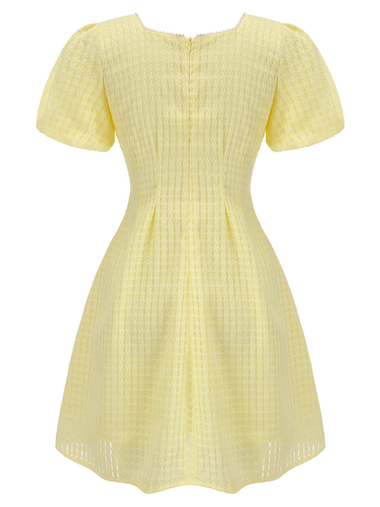 Yellow 1950s Square Neck Buttons Mini Dress, vintage dress, retro fashion, rockabilly, pin-up fashion - perfect for women who love vintage and retro fashion