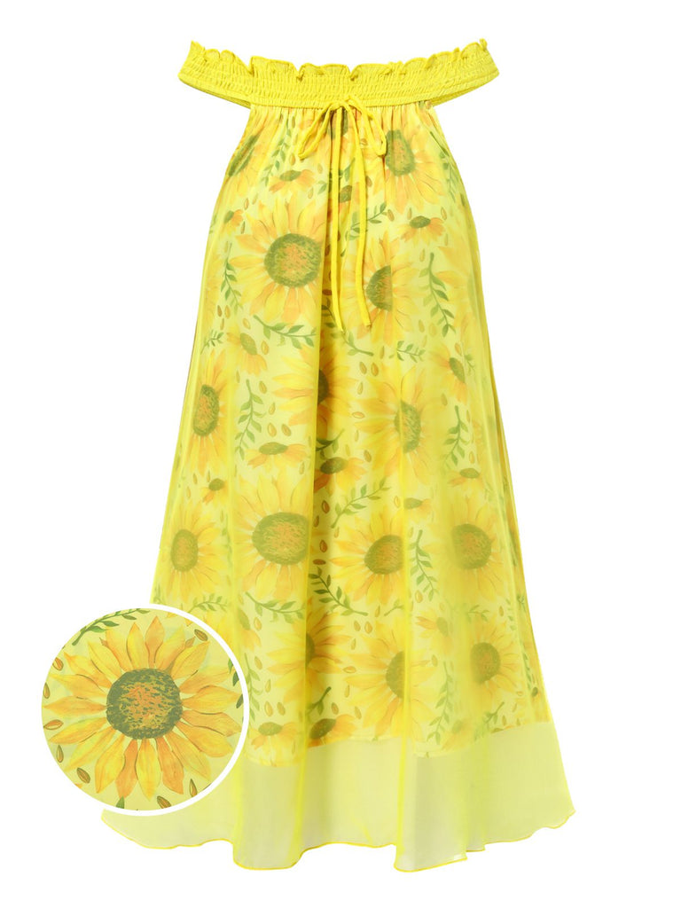 [Pre-Sale] Yellow 1950s Sunflower Boat Neck Tulle Nightdress, vintage dress, retro fashion, rockabilly, pin-up fashion - perfect for women who love vintage and retro fashion