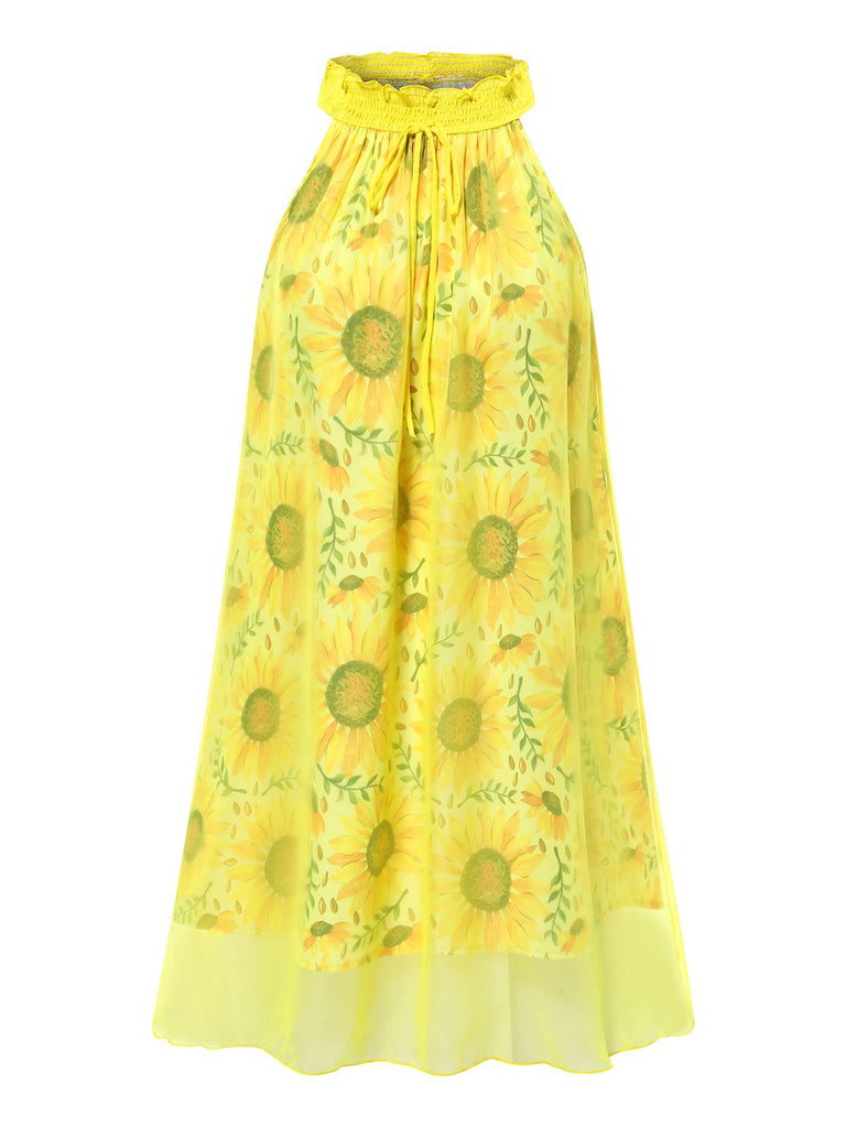 [Pre-Sale] Yellow 1950s Sunflower Boat Neck Tulle Nightdress, vintage dress, retro fashion, rockabilly, pin-up fashion - perfect for women who love vintage and retro fashion