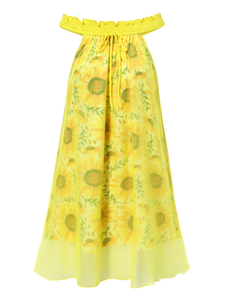 [Pre-Sale] Yellow 1950s Sunflower Boat Neck Tulle Nightdress, vintage dress, retro fashion, rockabilly, pin-up fashion - perfect for women who love vintage and retro fashion