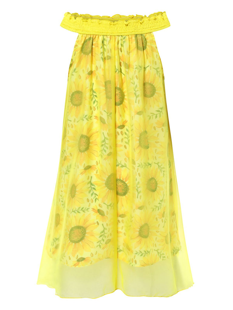 [Pre-Sale] Yellow 1950s Sunflower Boat Neck Tulle Nightdress, vintage dress, retro fashion, rockabilly, pin-up fashion - perfect for women who love vintage and retro fashion