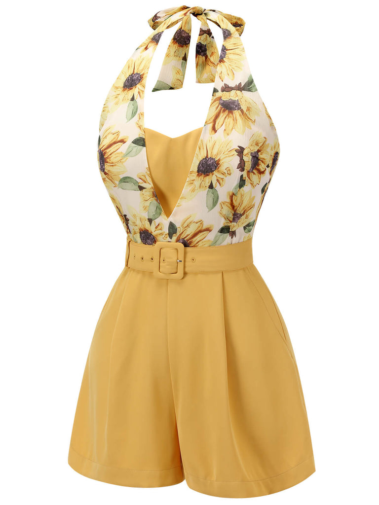 Detail view: 1950s Yellow 1950s Sunflower Halter Romper, perfect for vintage themed parties and retro fashion enthusiasts
