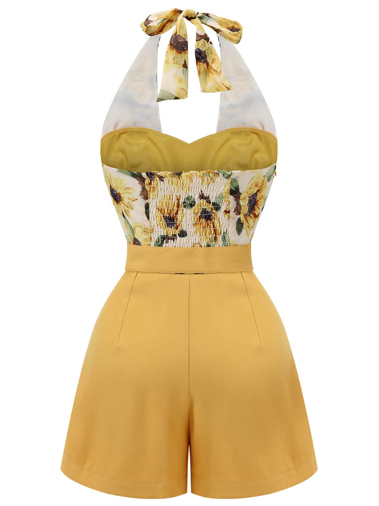 Close-up: 1950s Yellow 1950s Sunflower Halter Romper, perfect for vintage themed parties and retro fashion enthusiasts