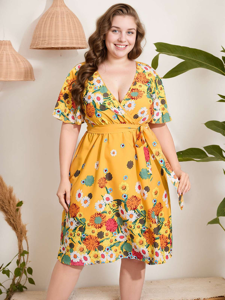 Yellow 1950s V-Neck Belted Floral Dress: timeless style reimagined