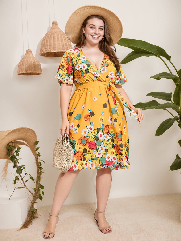 Yellow 1950s V-Neck Belted Floral Dress — vintage elegance for the modern woman