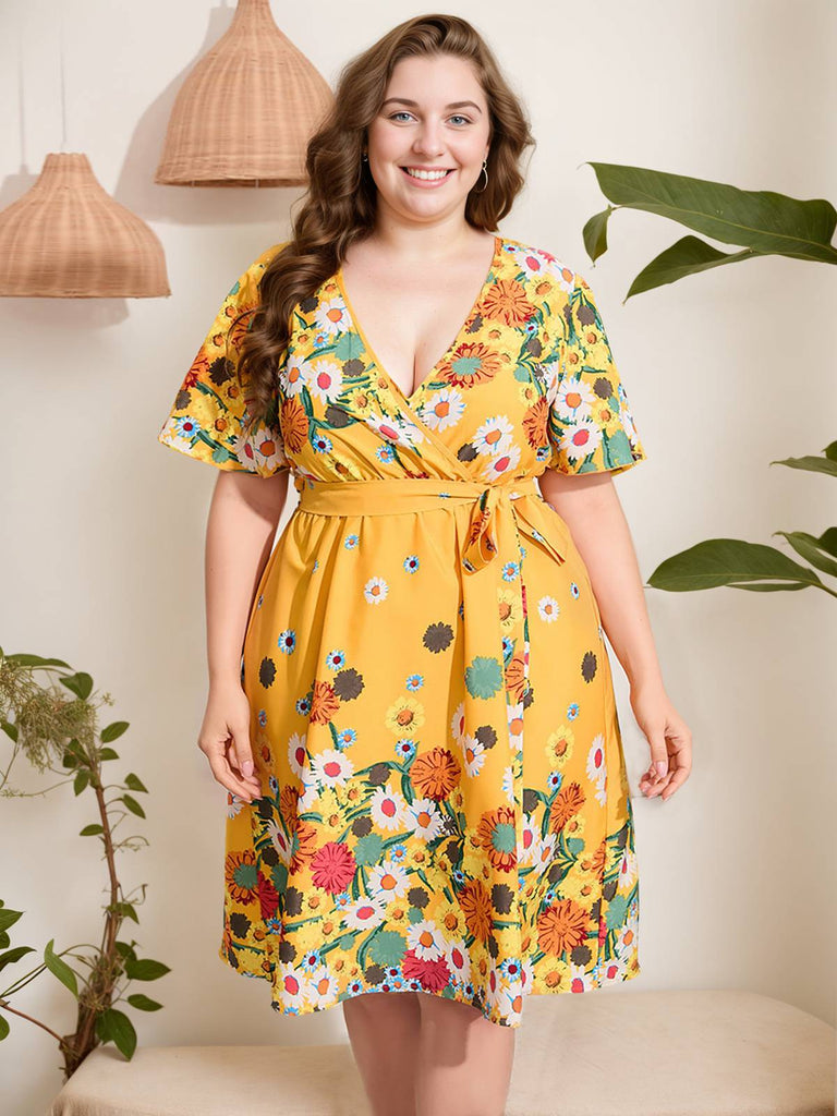 Yellow 1950s V-Neck Belted Floral Dress — vintage elegance for the modern woman