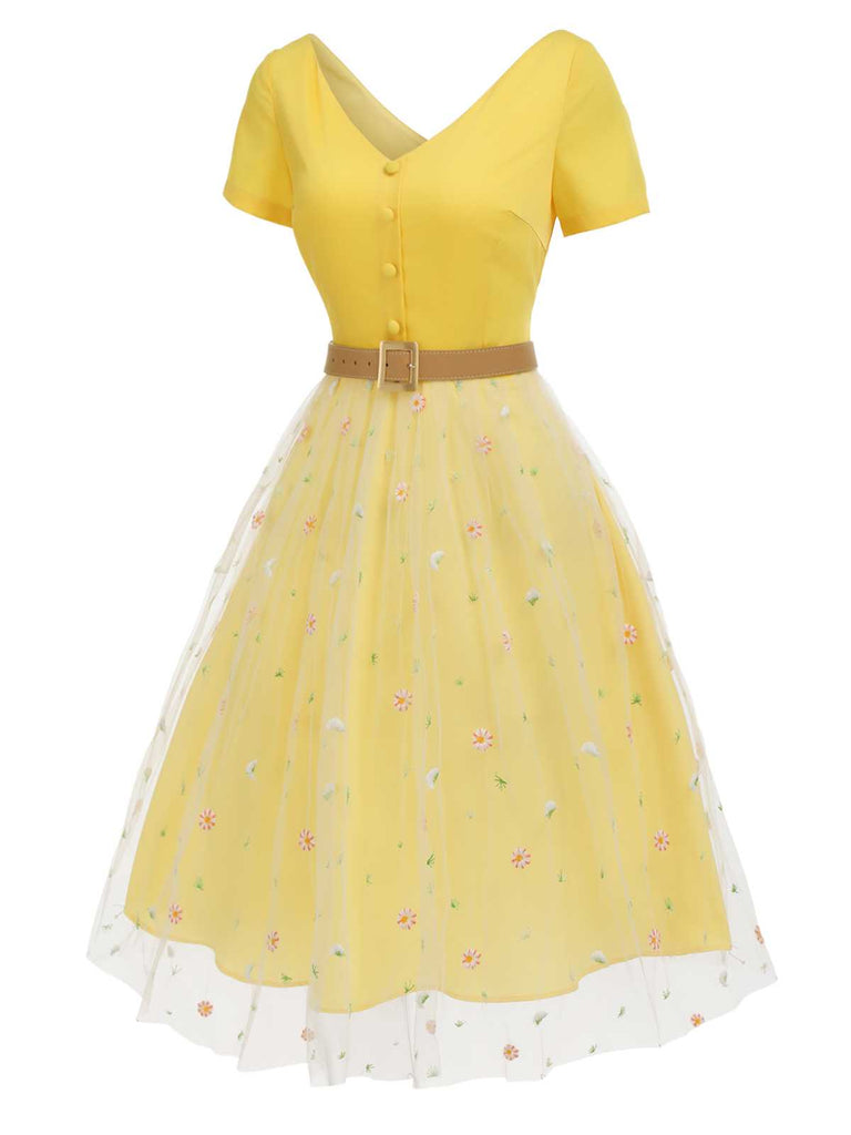 Yellow 1950s V-Neck Daisy Mesh Dress, vintage dress, retro fashion, rockabilly, pin-up fashion - perfect for women who love vintage and retro fashion