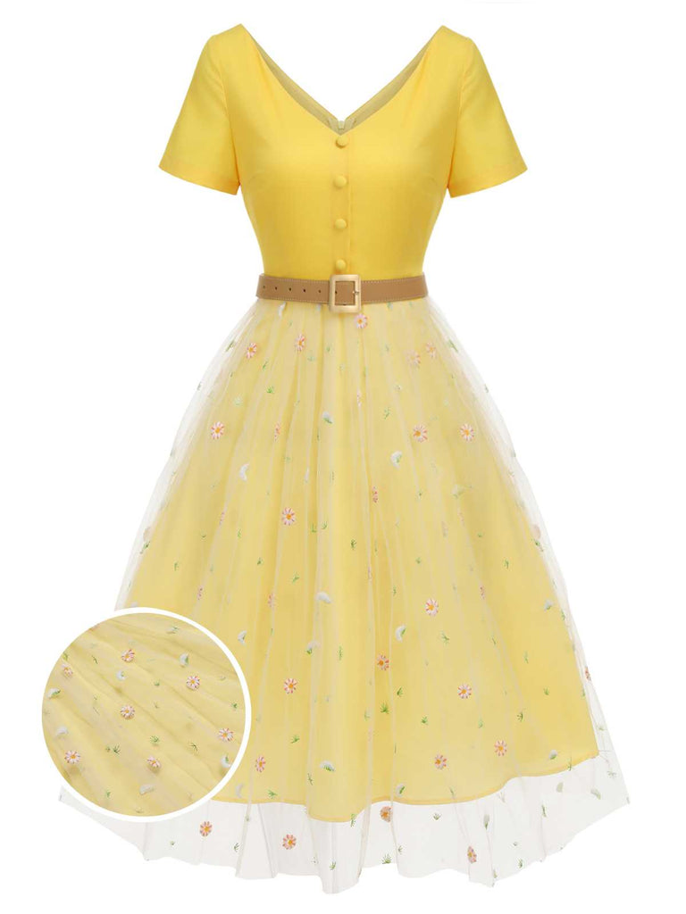 Yellow 1950s V-Neck Daisy Mesh Dress, vintage dress, retro fashion, rockabilly, pin-up fashion - perfect for women who love vintage and retro fashion