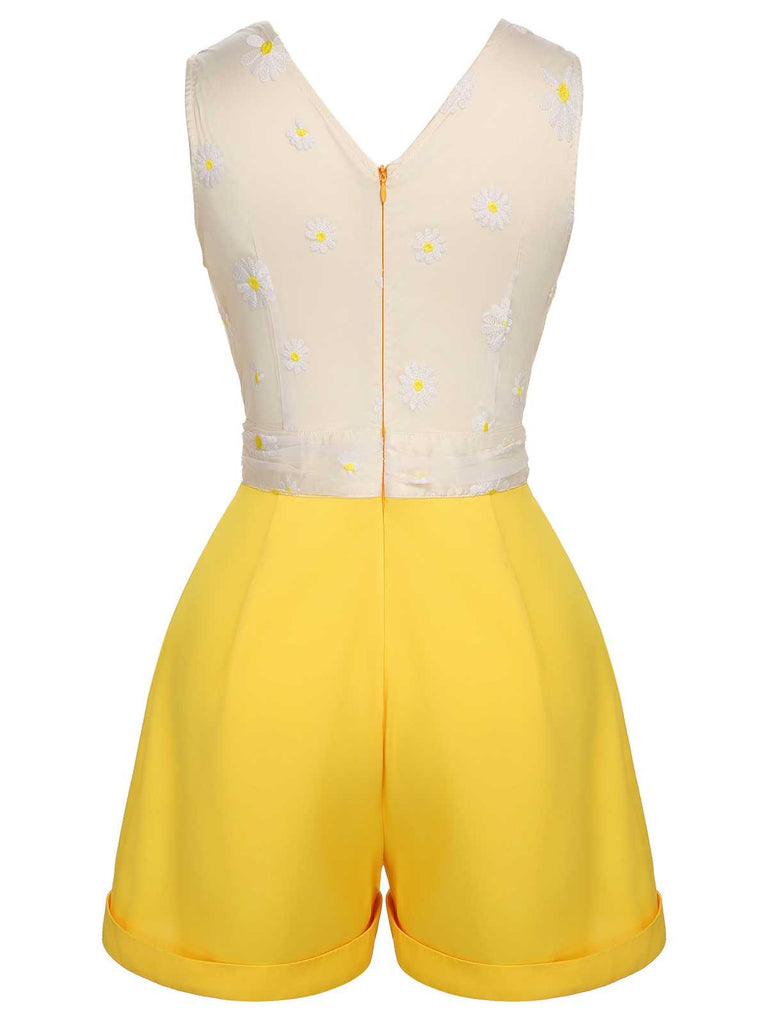 Yellow 1950s V-Neck Daisy Mesh Romper — 1950s style that transcends decades